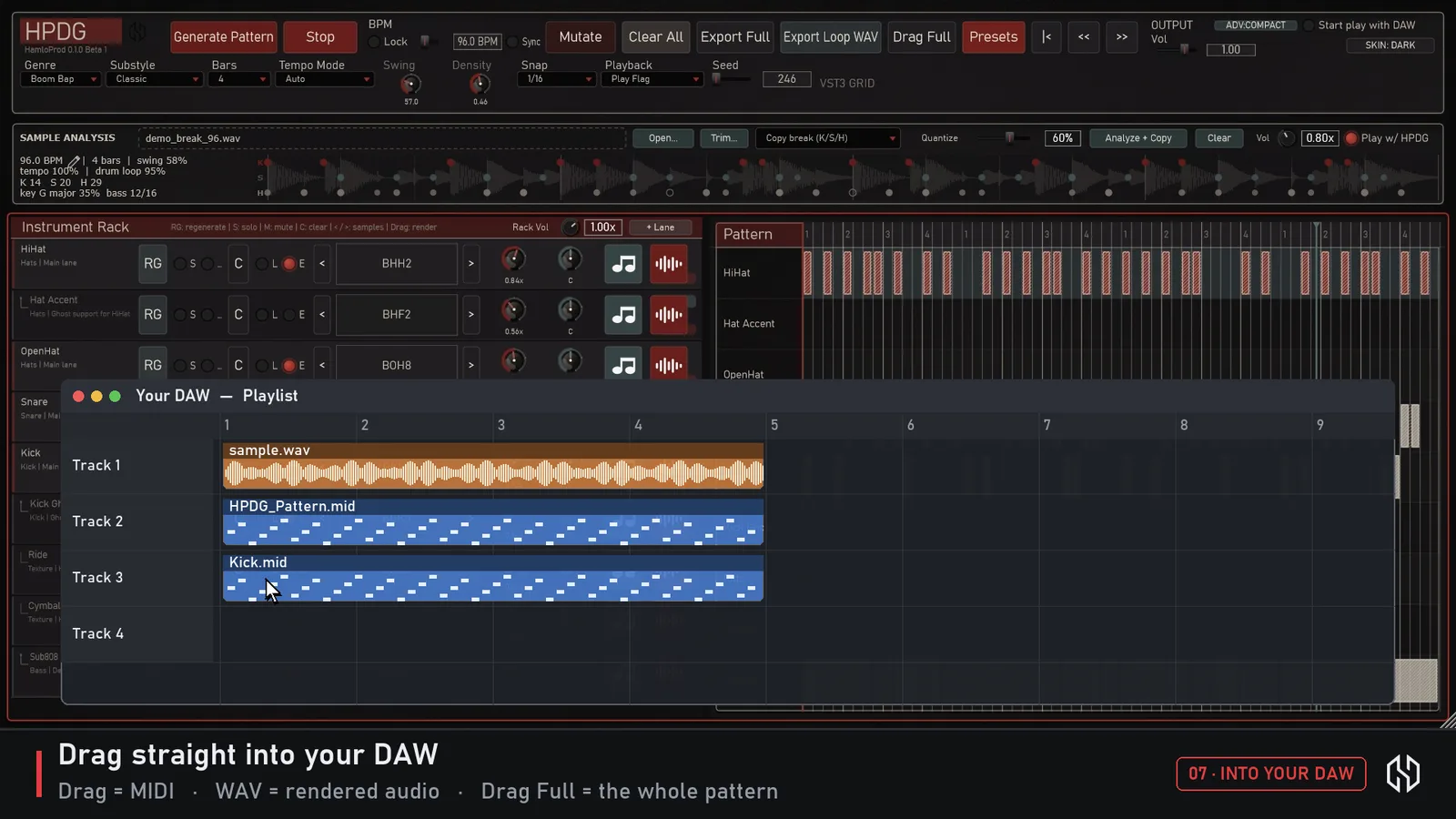 Dragging a MIDI pattern from HPDG into a DAW
