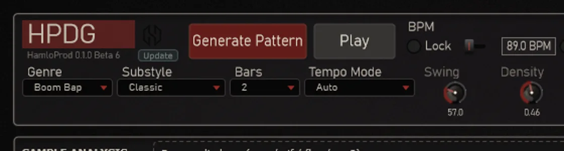HPDG header with the Update button next to the version